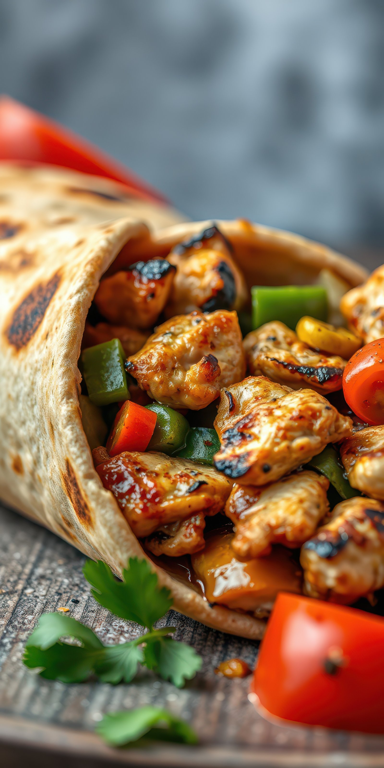 Grilled chicken burrito wrapped in a flour tortilla with fresh vegetables and sauce on a wooden table